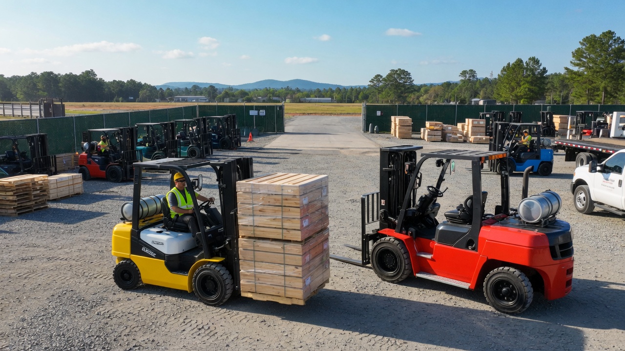 Forklift rental services in Calhoun, AL showcasing electric and diesel models